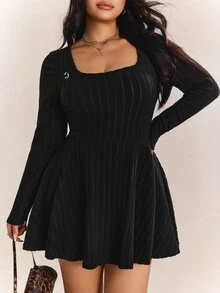 CovetEZ Plus Size Women's Solid Color Square Neck Long Sleeve Knit Romper, For Casual Wear In Autumn Fall - Black - View 6