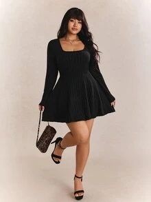 CovetEZ Plus Size Women's Solid Color Square Neck Long Sleeve Knit Romper, For Casual Wear In Autumn Fall - Black - View 4