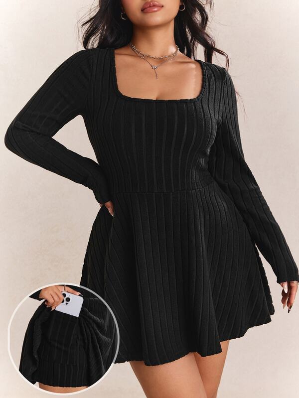CovetEZ Plus Size Women's Solid Color Square Neck Long Sleeve Knit Romper, For Casual Wear In Autumn Fall
