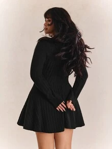 CovetEZ Plus Size Women's Solid Color Square Neck Long Sleeve Knit Romper, For Casual Wear In Autumn Fall - Black - View 2