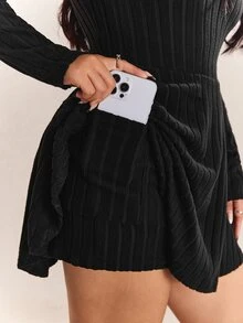 CovetEZ Plus Size Women's Solid Color Square Neck Long Sleeve Knit Romper, For Casual Wear In Autumn Fall - Black - View 7