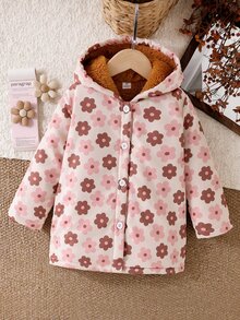 SHEIN Playful Pals 女童粉色花卉圖案長袖連帽外套，舒適羊羔絨內裡，冬季女童衣物 - 彩色 - 查看 6