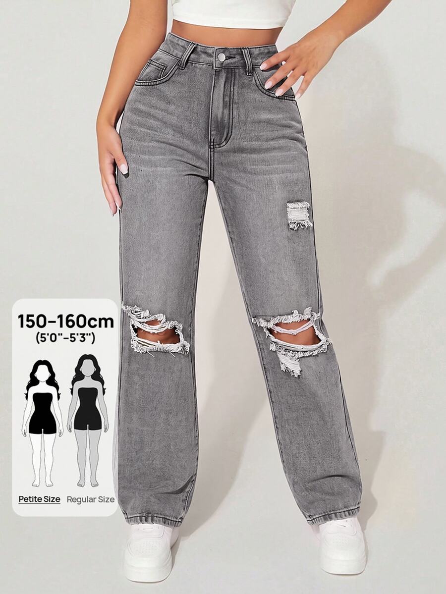 SHEIN PETITE 女款時尚辣妹破洞鈕扣口袋牛仔長褲 - 黑色 - 查看 1