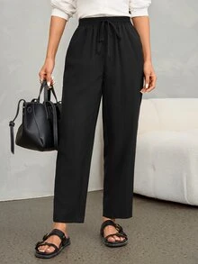 SHEIN PETITE 女款純色抽繩腰口袋休閒百搭寬腿褲，彈性日常純黑秋季辦公通勤穿搭 - 黑色 - 查看 4