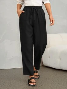 SHEIN PETITE 女款純色抽繩腰口袋休閒百搭寬腿褲，彈性日常純黑秋季辦公通勤穿搭 - 黑色 - 查看 7