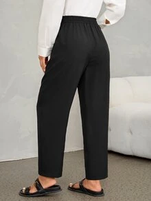 SHEIN PETITE 女款純色抽繩腰口袋休閒百搭寬腿褲，彈性日常純黑秋季辦公通勤穿搭 - 黑色 - 查看 2