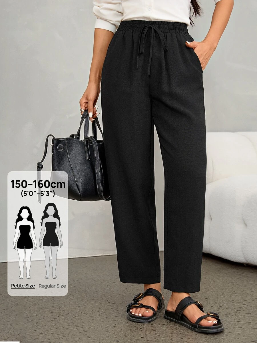 SHEIN PETITE 女款純色抽繩腰口袋休閒百搭寬腿褲,彈性日常純黑秋季辦公通勤穿搭 - 黑色 - 查看 1