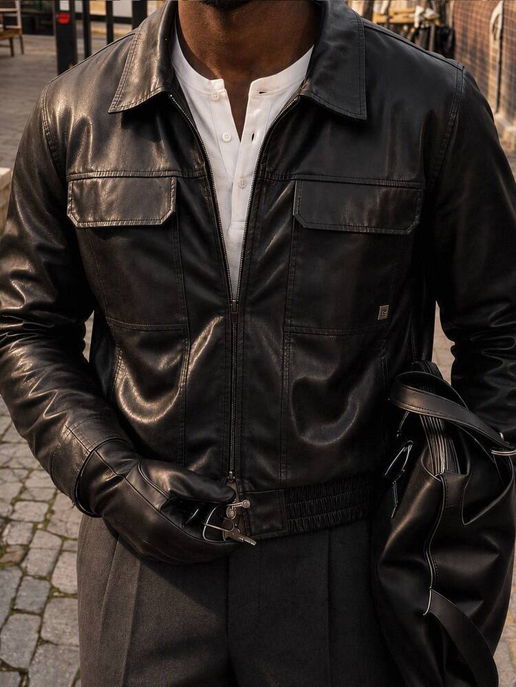 HIMLAND Men's Solid Color PU Leather Fashion Versatile Daily Streetwear Casual Jacket Date Night Vacation Black Autumn - Black - View 8