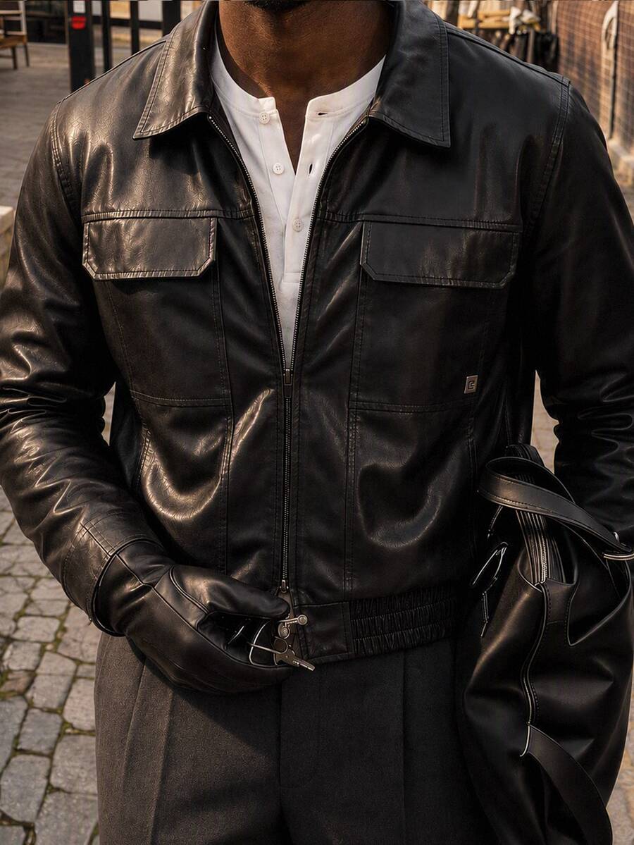 HIMLAND Men's Solid Color PU Leather Fashion Versatile Daily Streetwear Casual Jacket, Black Autumn Zip Jacket, For Date Night, Vacation, Spring, Outdoor - Black - View 1