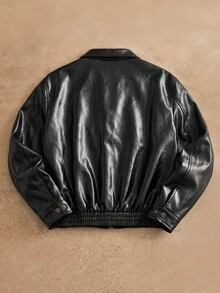 HIMLAND 男士純色PU皮革時尚百搭日常街頭休閒夾克 約會之夜度假黑色秋季 - 黑色 - 查看 2