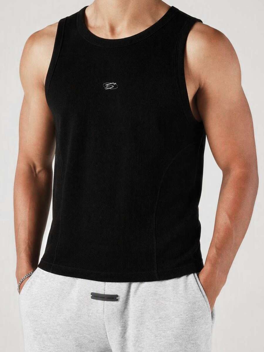 SUMWON Ribbed Sleeveless Tank Top With Crew Neck And Small Logo Detail For Everyday Casual Summer Wear - Black - View 1