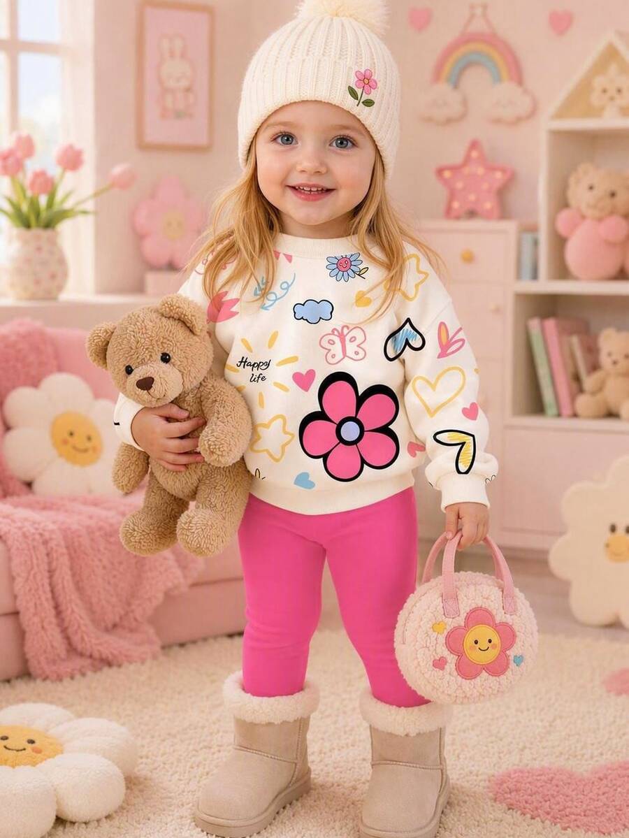 Baby Girl Cute Hand-Drawn Floral & Heart English Graphic, Creamy Pink, Round Neck Sweatshirt & Elastic Waist Long Pants Set, Suitable For Autumn/Winter, Chill, Kawaii, Cozy Fall & Winter Styles, Fall New Style - Multicolor - View 1