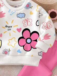 Baby Girl Cute Hand-Drawn Floral & Heart English Graphic, Creamy Pink, Round Neck Sweatshirt & Elastic Waist Long Pants Set, Suitable For Autumn/Winter, Chill, Kawaii, Cozy Fall & Winter Styles, Fall New Style - Multicolor - View 7