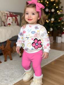 Baby Girl Cute Hand-Drawn Floral & Heart English Graphic, Creamy Pink, Round Neck Sweatshirt & Elastic Waist Long Pants Set, Suitable For Autumn/Winter, Chill, Kawaii, Cozy Fall & Winter Styles, Fall New Style - Multicolor - View 3