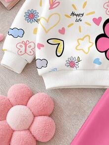 Baby Girl Cute Hand-Drawn Floral & Heart English Graphic, Creamy Pink, Round Neck Sweatshirt & Elastic Waist Long Pants Set, Suitable For Autumn/Winter, Chill, Kawaii, Cozy Fall & Winter Styles, Fall New Style - Multicolor - View 6