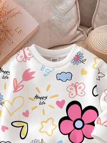 Baby Girl Cute Hand-Drawn Floral & Heart English Graphic, Creamy Pink, Round Neck Sweatshirt & Elastic Waist Long Pants Set, Suitable For Autumn/Winter, Chill, Kawaii, Cozy Fall & Winter Styles, Fall New Style - Multicolor - View 5