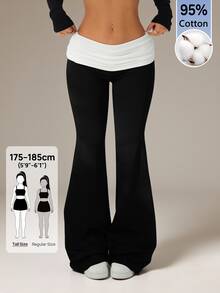 SHEIN Tall Contrast Color Folded Waist Flared Pants - Black - View 1