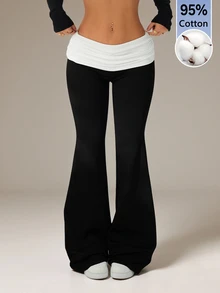 SHEIN Tall Contrast Color Folded Waist Flared Pants - Black - View 6