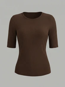 SHEIN Women's Solid Color Round Neck Short Sleeve Fitted Ribbed Casual T-Shirt - Brown - View 5