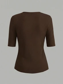 SHEIN Women's Solid Color Round Neck Short Sleeve Fitted Ribbed Casual T-Shirt - Brown - View 2