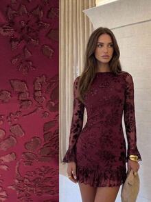 Aloruh Party Night Out Date Night Burgundy Knit Textured Romantic Elegant Backless Sexy Ruffle Mini Dress For Women Halloween Fall - Apricot - View 2