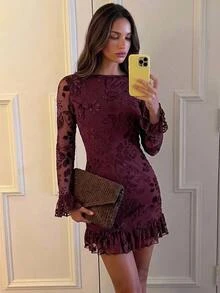 Aloruh Party Night Out Date Night Burgundy Knit Textured Romantic Elegant Backless Sexy Ruffle Mini Dress For Women Halloween Fall - Apricot - View 1