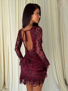 Aloruh Party Night Out Date Night Burgundy Knit Textured Romantic Elegant Backless Sexy Ruffle Mini Dress For Women Halloween Fall - Apricot - View 3