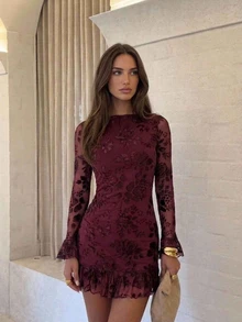 Aloruh Party Night Out Date Night Burgundy Knit Textured Romantic Elegant Backless Sexy Ruffle Mini Dress For Women Halloween Fall - Apricot - View 10