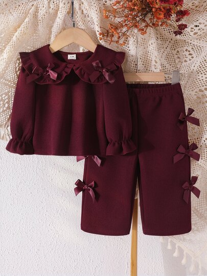 Conjunto de 2 piezas para niña bebé con top de manga larga con cuello Peter Pan, volantes y lazo decorativo & pantalones de pierna ancha, punto acanalado, atuendo casual dulce para otoño/invierno