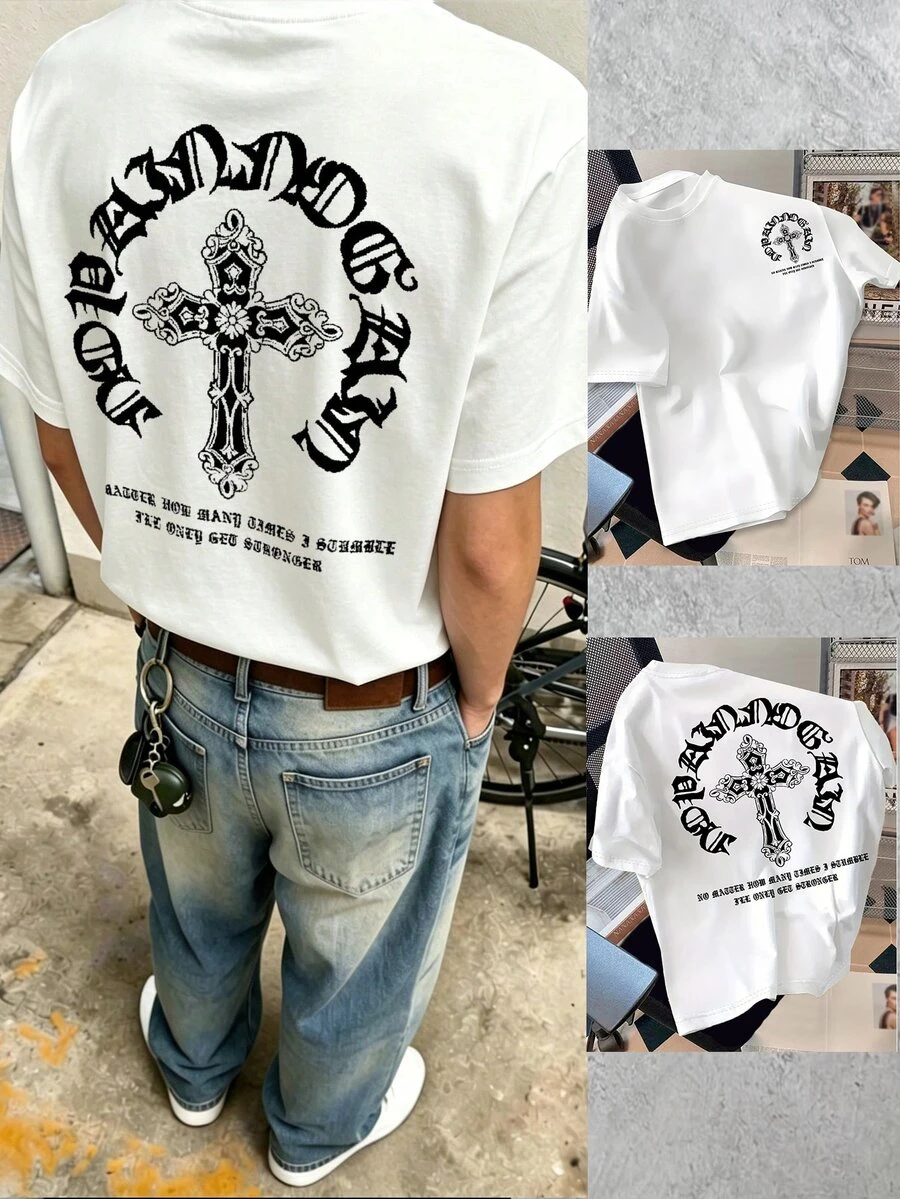 Resyla Men's Slogan Cross Print Short Sleeve Casual Goth Country T-Shirt Halloween Holiday Vacation White Summer - White - View 1
