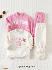 Cozy Pixies 女嬰簡單字母圖案針織柔軟高領長袖套頭休閒衛衣彈性腰長秋季長褲 4件套 蝴蝶結 - 彩色 - 查看 3