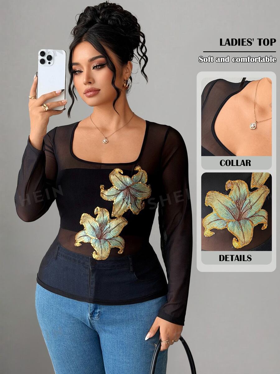 Elenzga Atasan Wanita Ukuran Besar Leher Persegi Lengan Panjang Pelangsing Elastis Bordir Modis Streetwear Elegan Seksi untuk Pesta Malam Musim Gugur Warna Hitam - Hitam - View 1