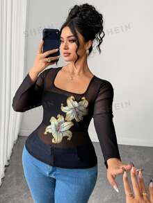 Elenzga Atasan Wanita Ukuran Besar Leher Persegi Lengan Panjang Pelangsing Elastis Bordir Modis Streetwear Elegan Seksi untuk Pesta Malam Musim Gugur Warna Hitam - Hitam - View 3