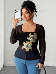 Elenzga Atasan Wanita Ukuran Besar Leher Persegi Lengan Panjang Pelangsing Elastis Bordir Modis Streetwear Elegan Seksi untuk Pesta Malam Musim Gugur Warna Hitam - Hitam - View 5