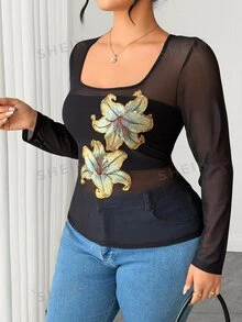 Elenzga Atasan Wanita Ukuran Besar Leher Persegi Lengan Panjang Pelangsing Elastis Bordir Modis Streetwear Elegan Seksi untuk Pesta Malam Musim Gugur Warna Hitam - Hitam - View 8