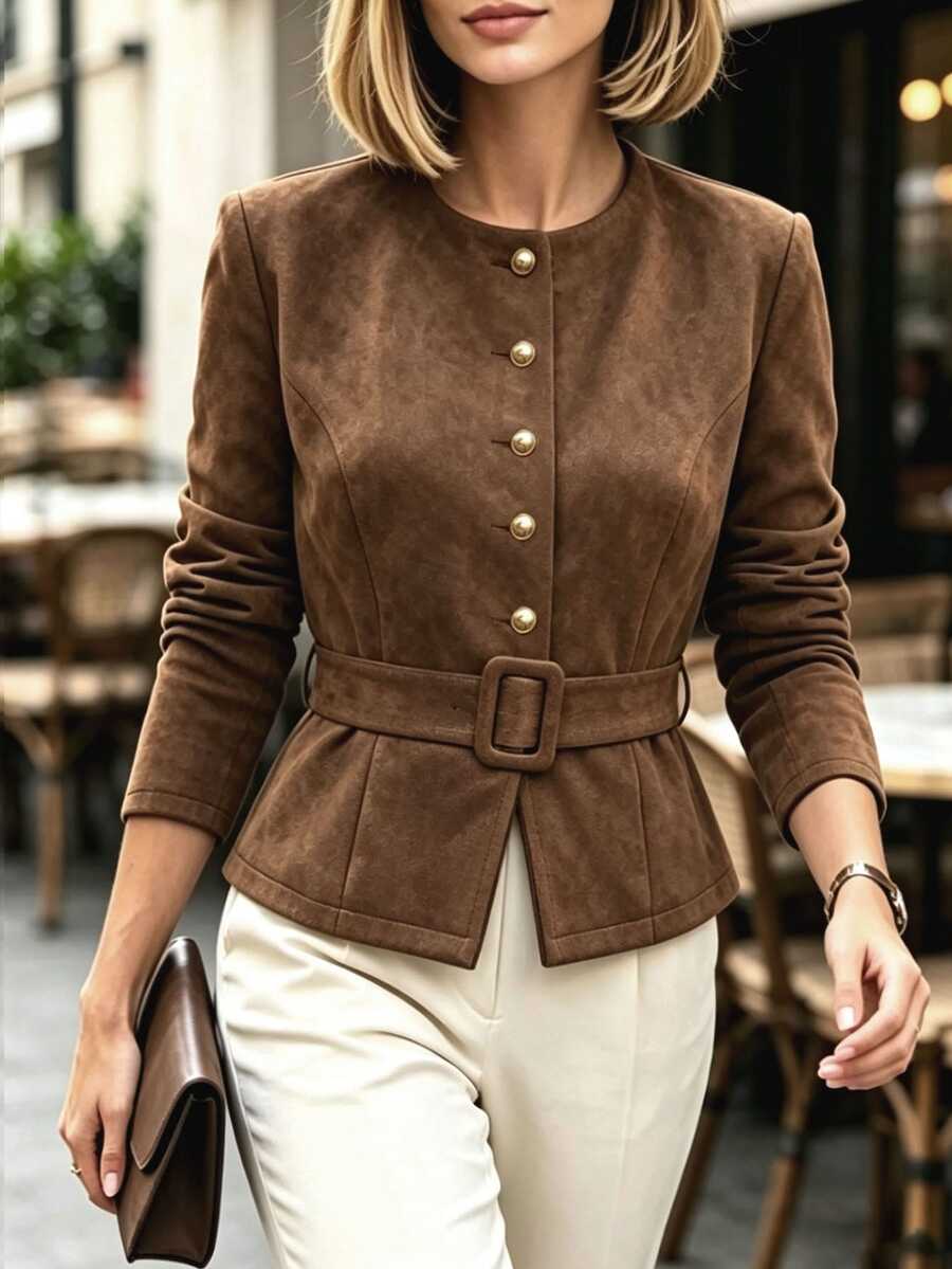 Balvessa Women's Brown Single-Breasted Long Sleeve Regular Jacket, Autumn - Brown - View 1