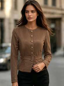 Balvessa Women's Brown Single-Breasted Long Sleeve Regular Jacket, Autumn - Brown - View 6