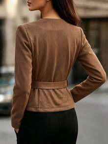 Balvessa Women's Brown Single-Breasted Long Sleeve Regular Jacket, Autumn - Brown - View 2