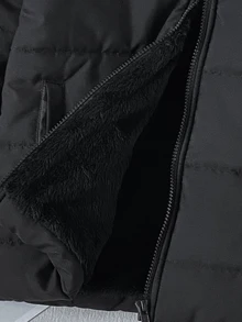 SHEIN 男童戶外運動保暖簡約拉鍊純色耐髒黑色加厚抓絨內裡連帽長袖外套冬季 - 黑色 - 查看 6