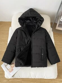 SHEIN 男童戶外運動保暖簡約拉鍊純色耐髒黑色加厚抓絨內裡連帽長袖外套冬季 - 黑色 - 查看 8