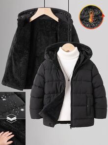 SHEIN 男童戶外運動保暖簡約拉鍊純色耐髒黑色加厚抓絨內裡連帽長袖外套冬季 - 黑色 - 查看 12