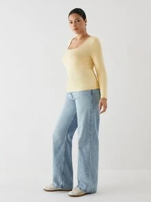 YARNWELL Plus Size Women's Solid Color Slim Fit Versatile Casual T-Shirt Fall - Yellow - View 8