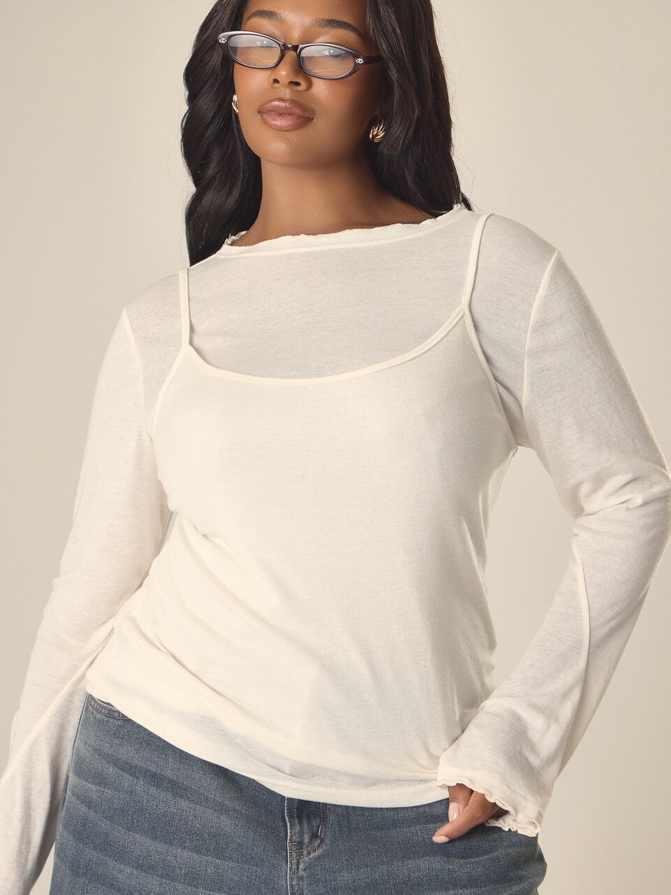 Curve White Long Sleeve Vest Layer Top