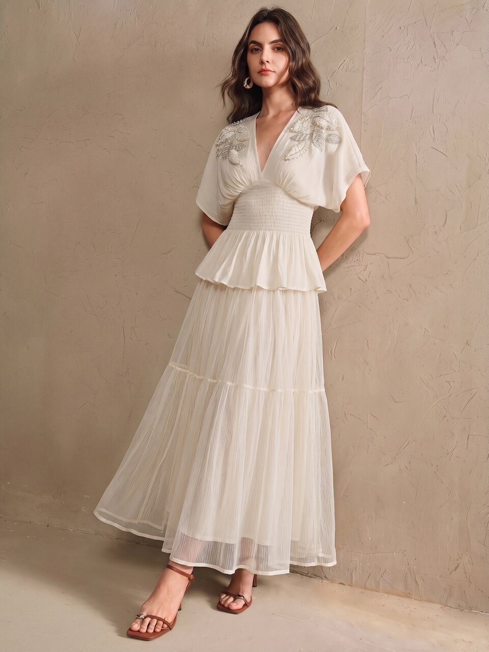 Anewsta Spring/Summer New Elegant Fashion Vacation Outing Date 3D Floral Decor Cinched Waist Pleated Women's Top