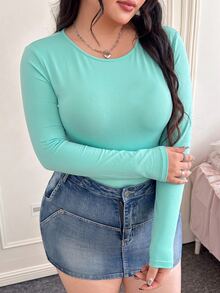 CovetEZ 大尺碼女款純色圓領長袖休閒T恤連身衣 - 水鴨藍 - 查看 4
