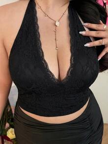 CovetEZ Plus Size Black Lace Tie-Up Backless Halter Top - Black - View 3