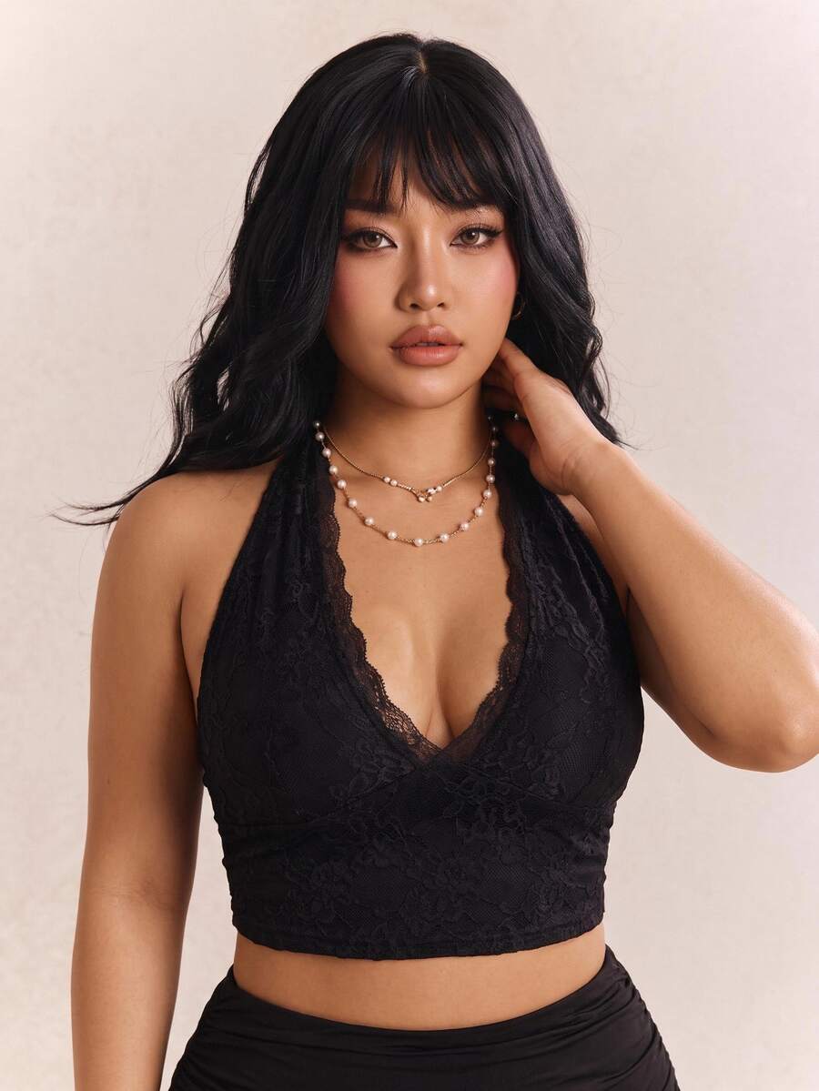 CovetEZ Plus Size Black Lace Tie-Up Backless Halter Top - Black - View 1