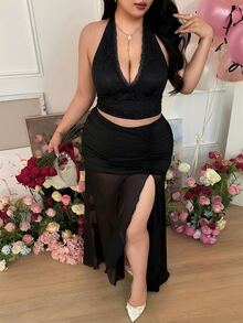 CovetEZ Plus Size Black Lace Tie-Up Backless Halter Top - Black - View 5