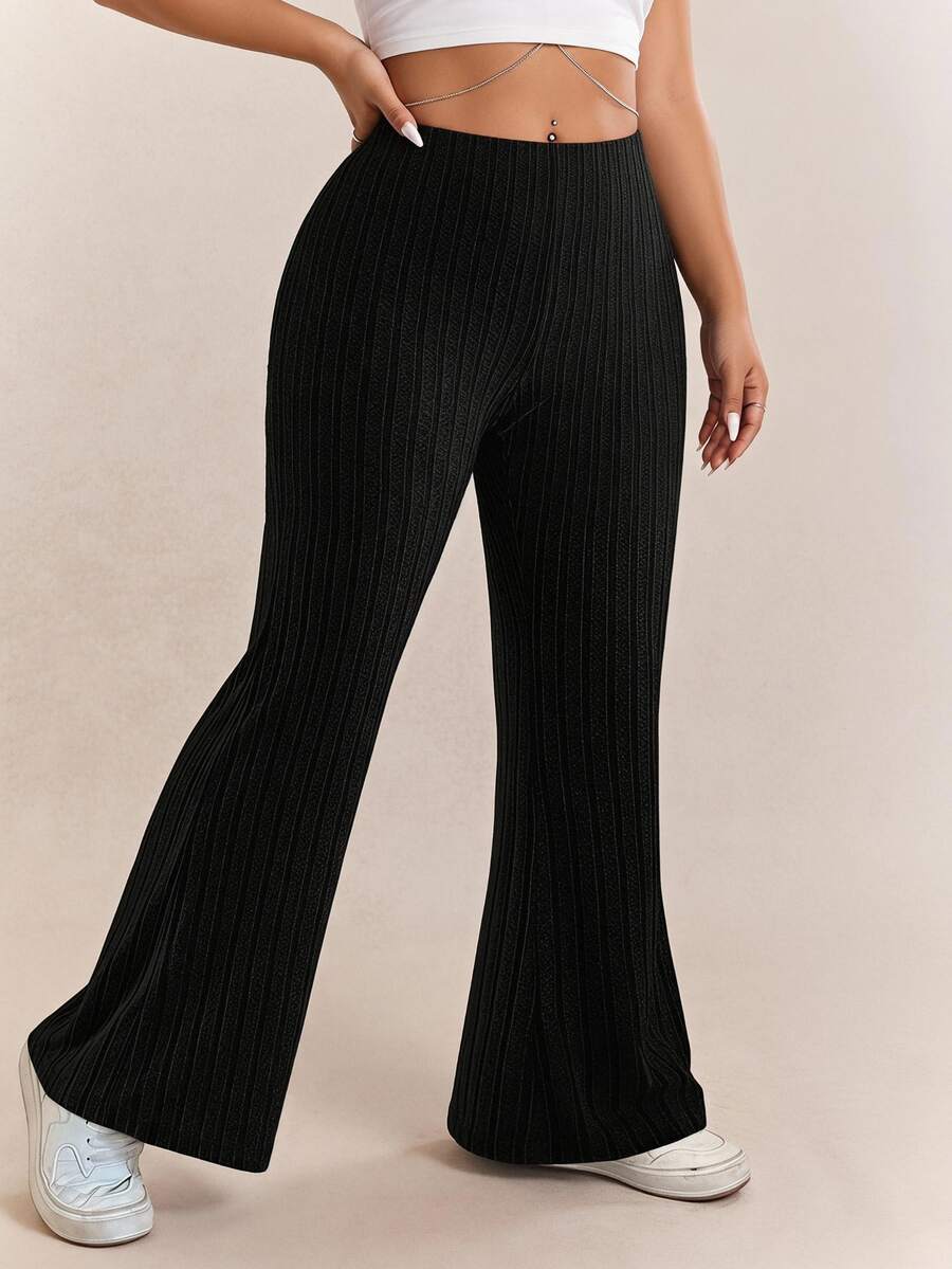 CovetEZ Women's Plus Size Solid Color Flare Pants In Ruched Texture - Black - View 1