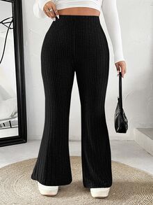CovetEZ Women's Plus Size Solid Color Flare Pants In Ruched Texture - Black - View 5